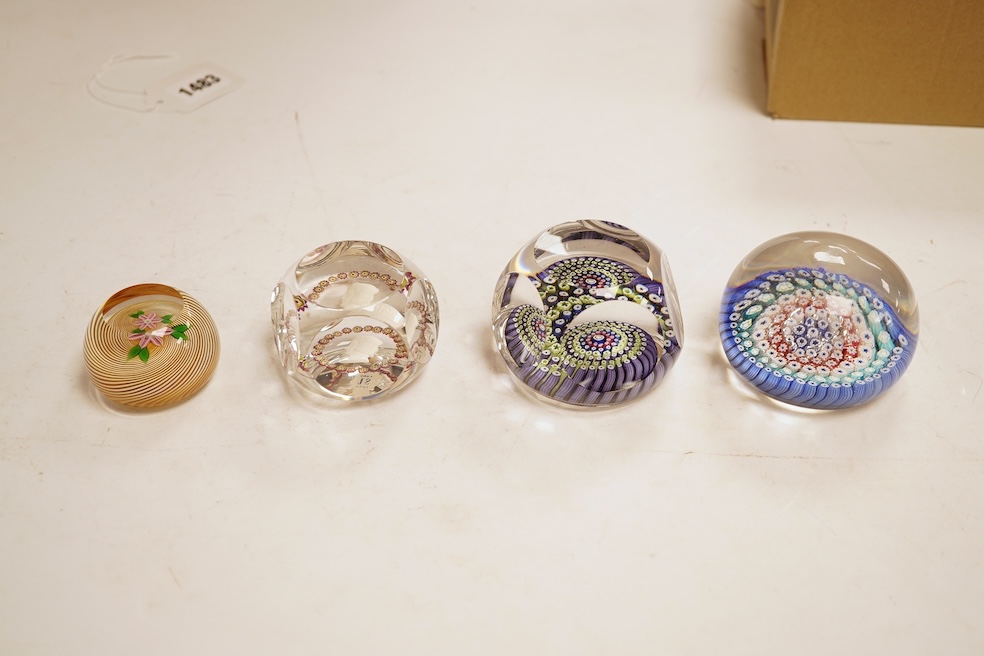 Three Whitefriars glass paperweights and a boxed St Louis sulphide paperweights, largest 7.5cm in diamter